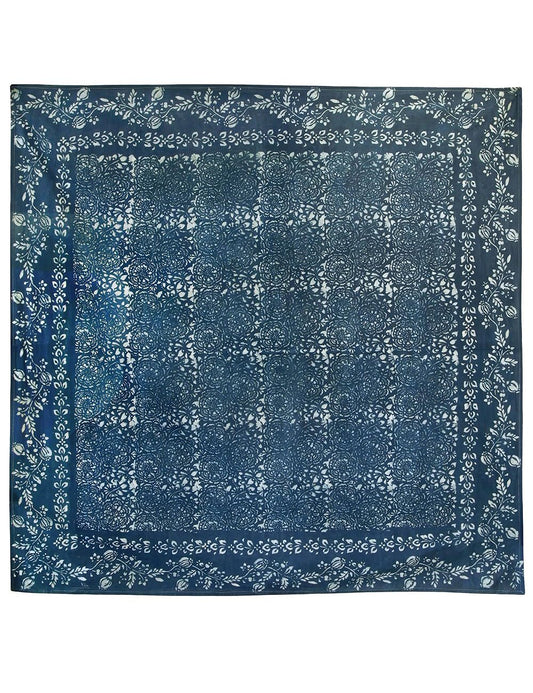 Passiflora Hand Block Printed Square Tablecloth - Indigo