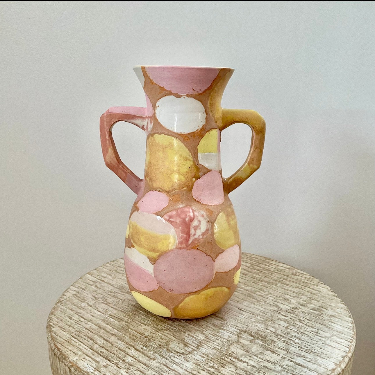 Yellow/Pink/Caramel handle 9.5” vase
