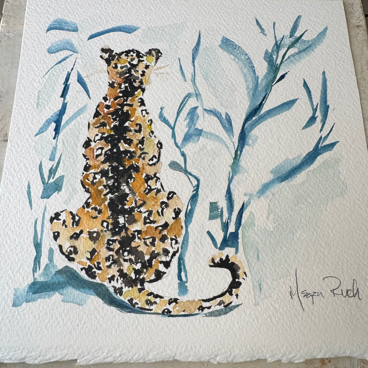 Light Gray “Cheetah in Jungle” Unframed Watercolor Megan Ruch