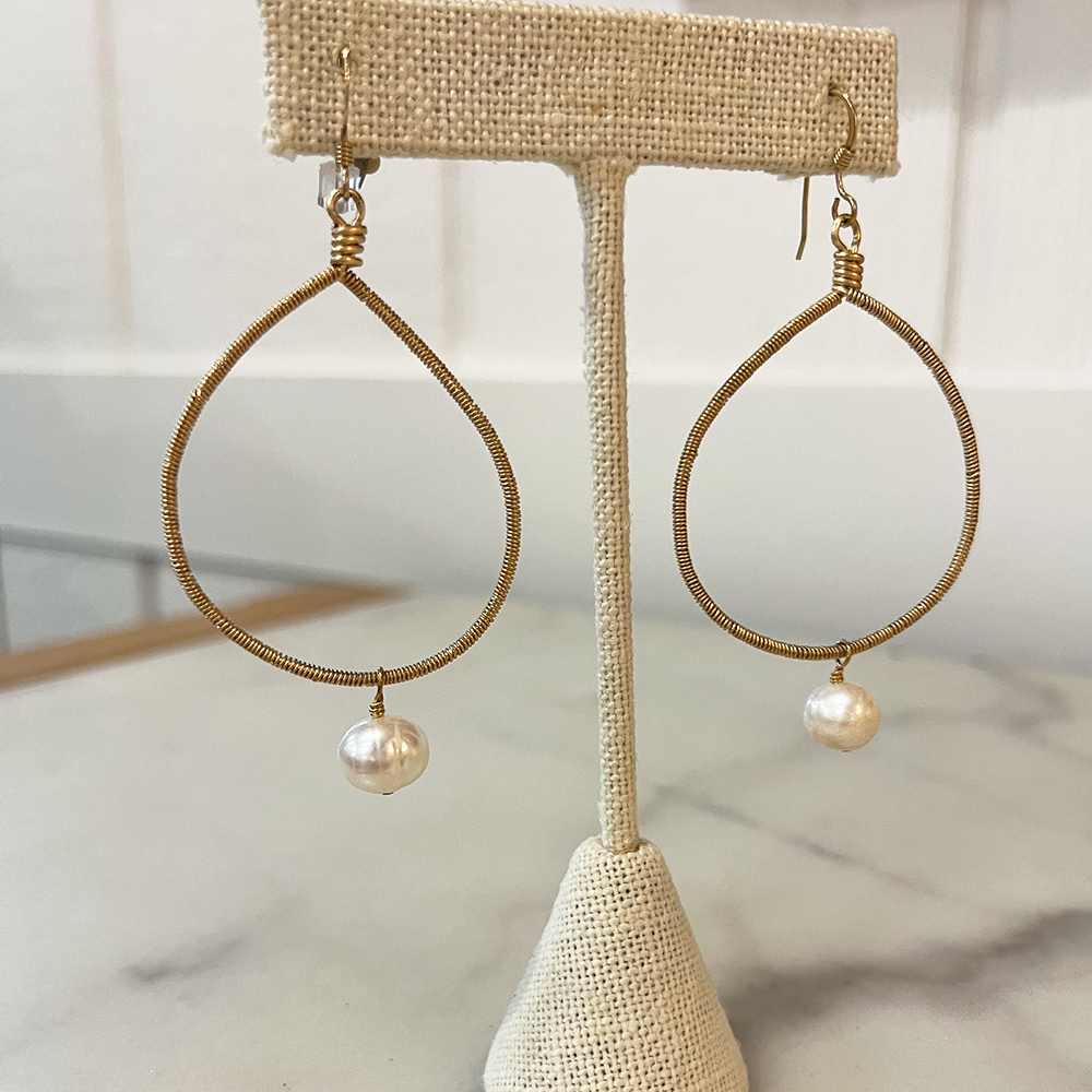 Gold Wire Wrap Teardrop with Pearl Earring