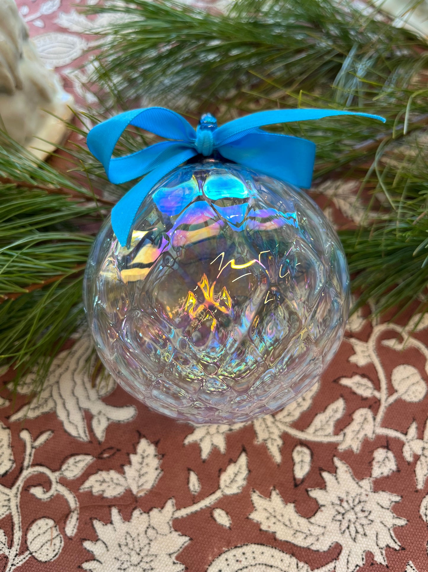 Handblown Glass Ornament - Quilted Clear Iridescent