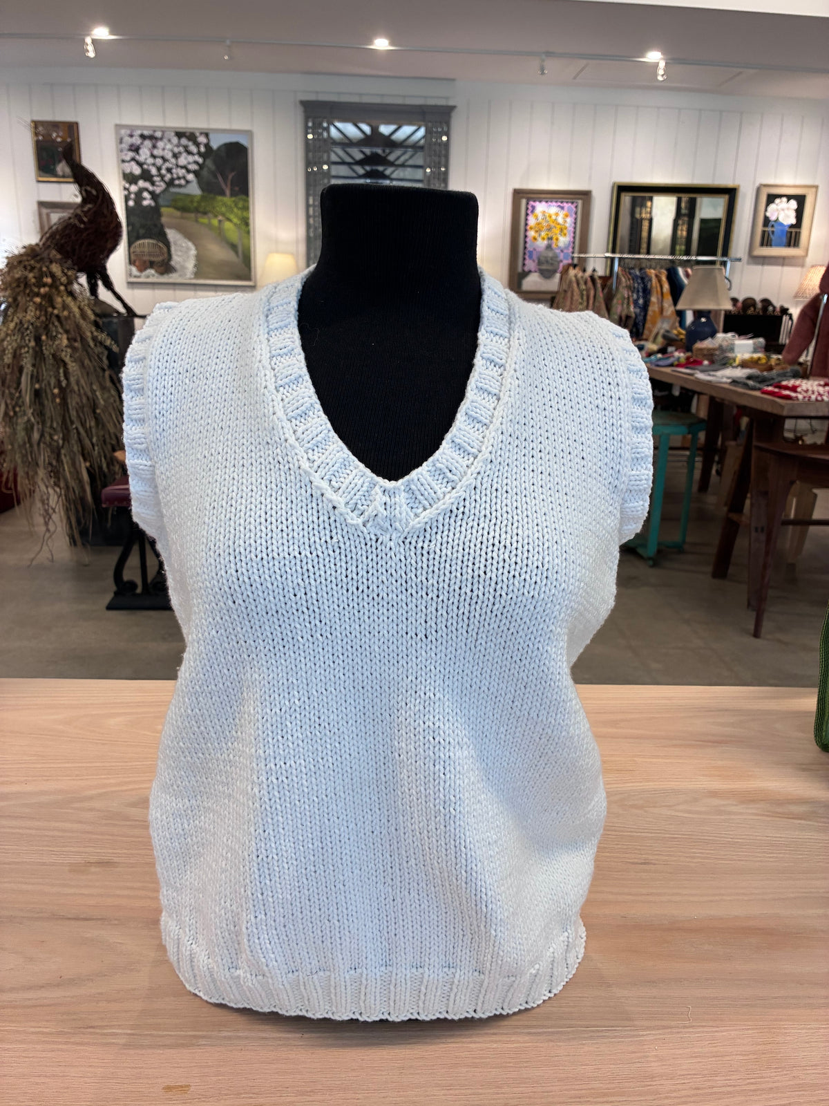 Hand Knit V-Neck Vest - White - Long