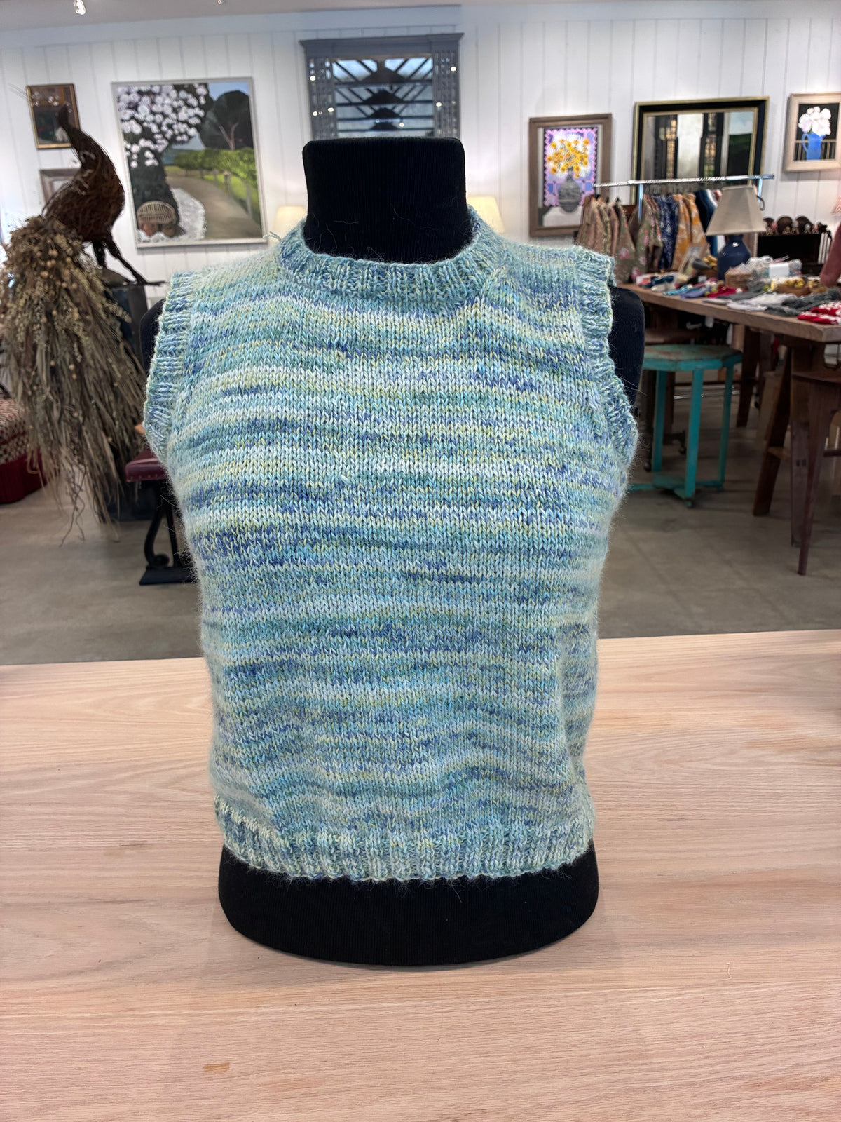 Hand Knit Crew Neck Alpaca Vest - Blue Green