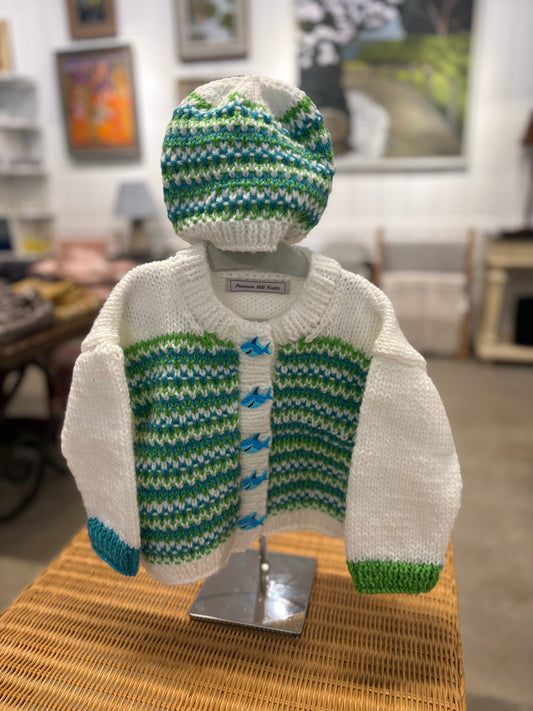 Green and Blue Shark Baby Sweater & Hat Set