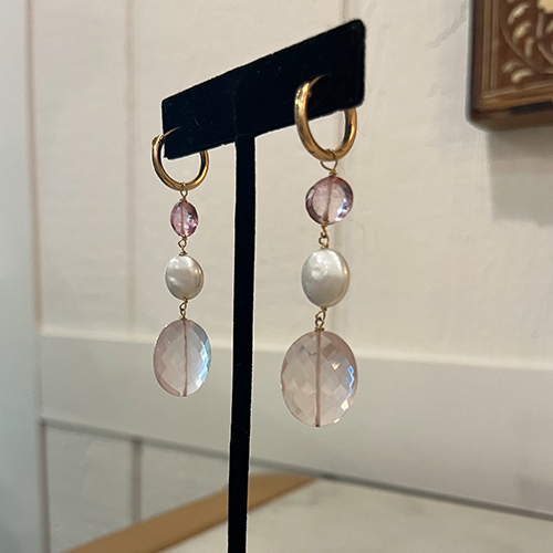 Small Hoops with Rose Quartz and Pearl