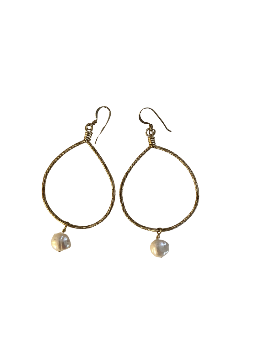 Gold Wire Wrap Teardrop with Pearl Earring