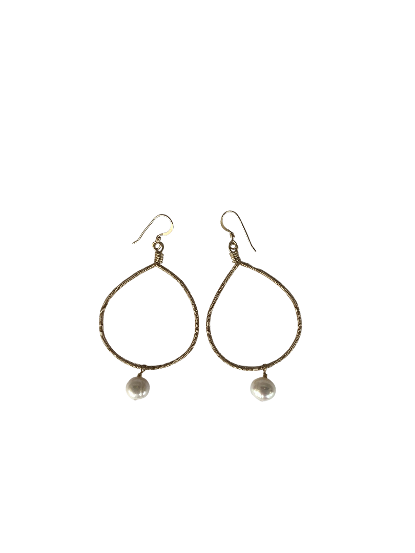 Gold Wire Wrap Teardrop with Pearl Earring