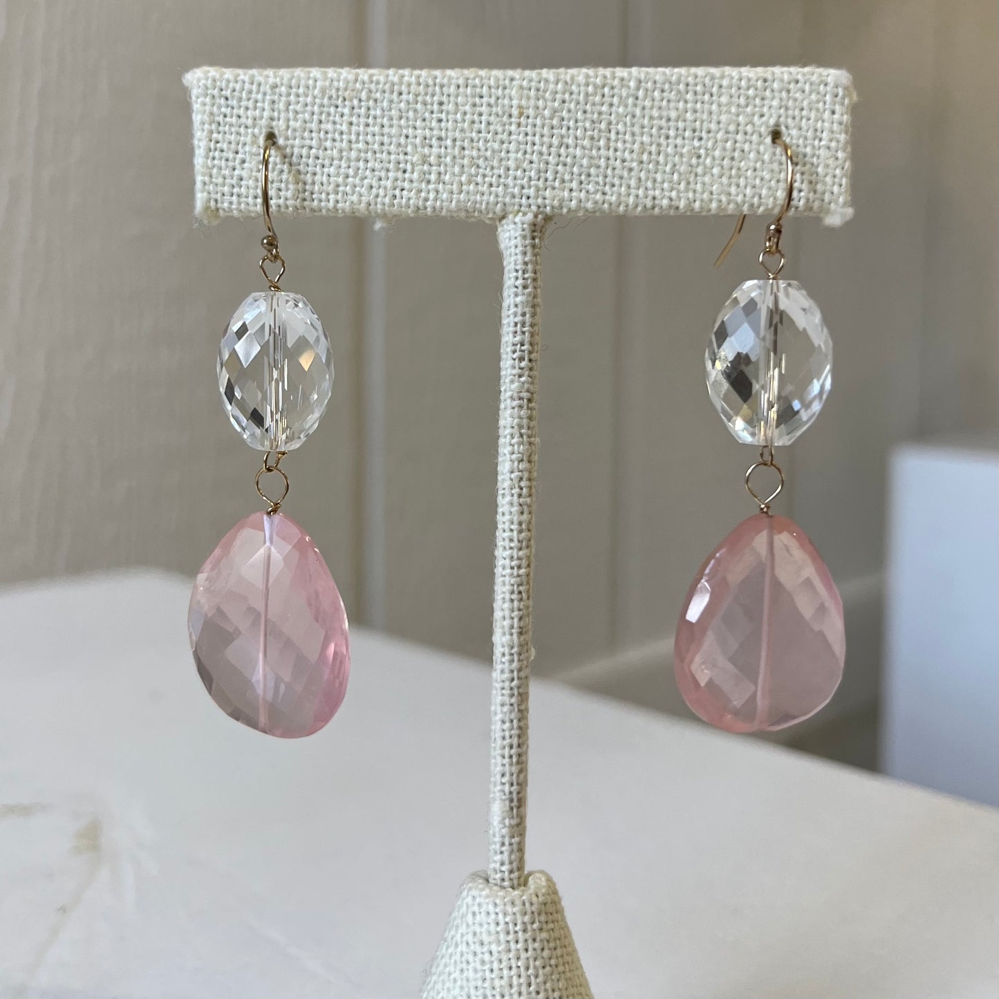 Rose Quartz and Crystal Drop Earrings
