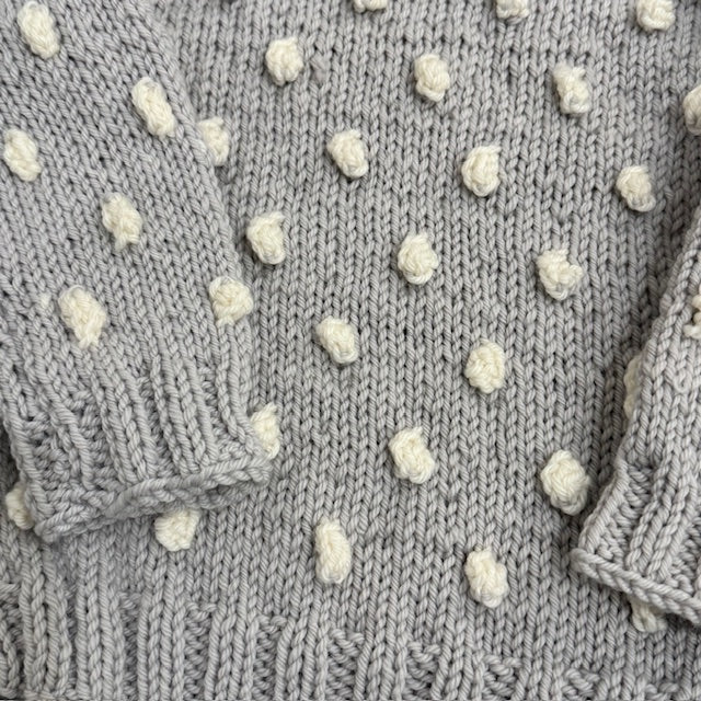 Hand Knit Baby Sweater - Grey with White Pom Poms