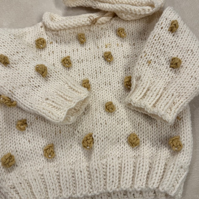Hand Knit Baby Sweater and Hat Set - White with Pom Poms
