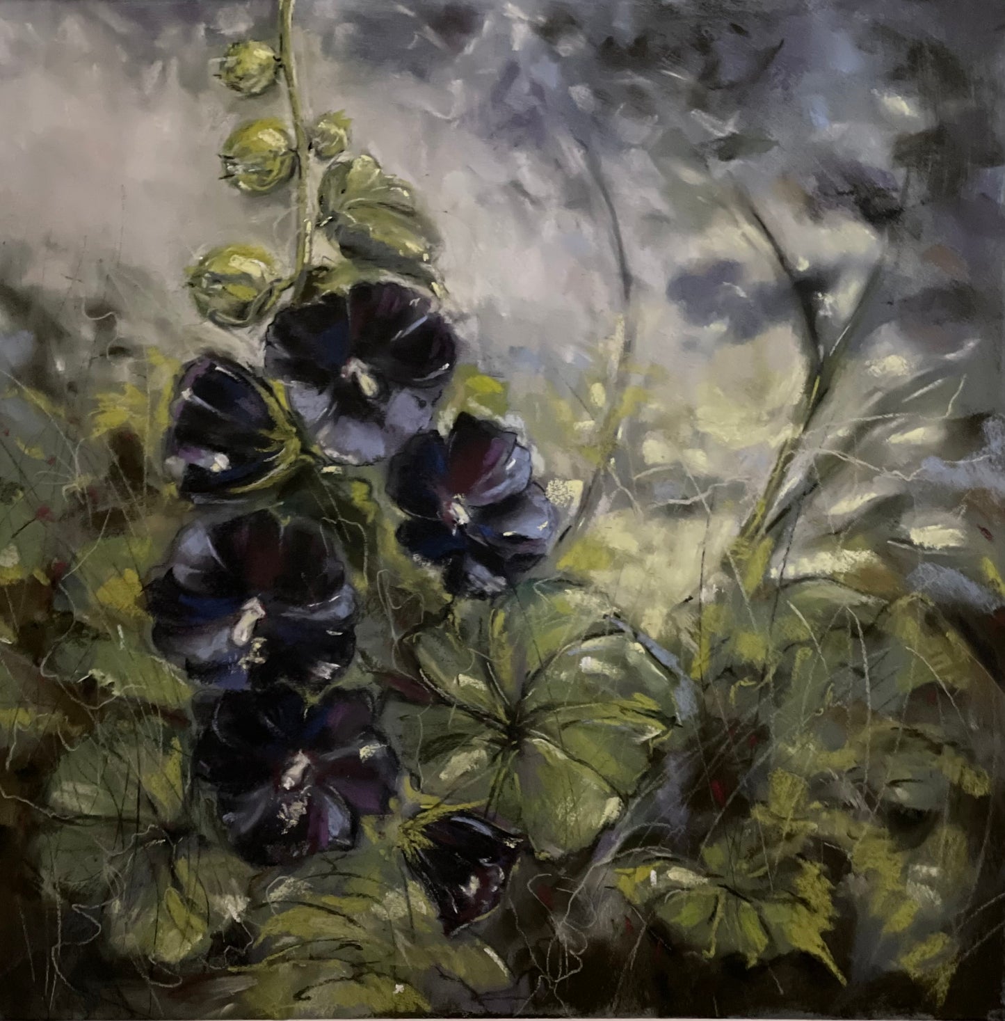 "Hollyhocks at Dusk"