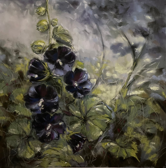 "Hollyhocks at Dusk"