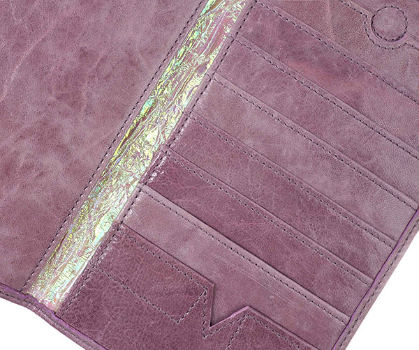 Folded Long Wallet in Plum Leather / Iridescent Crinkle