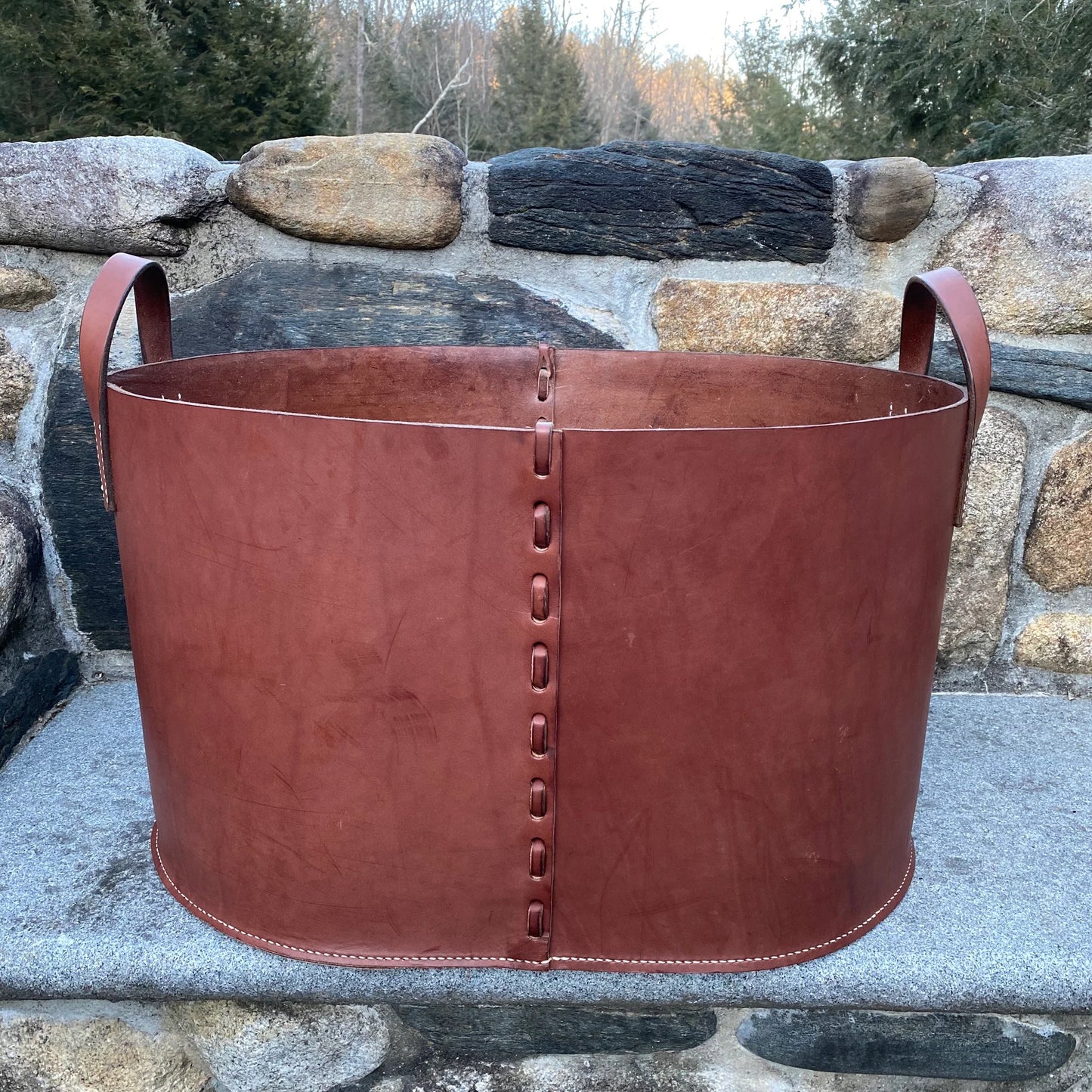 Dim Gray Leather Wood Basket 100 Main x Bunny Williams