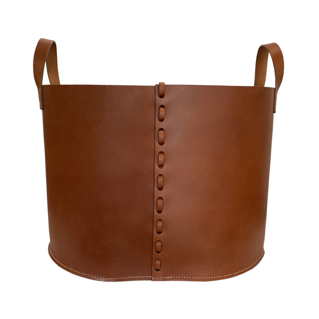 Saddle Brown Leather Wood Basket 100 Main x Bunny Williams