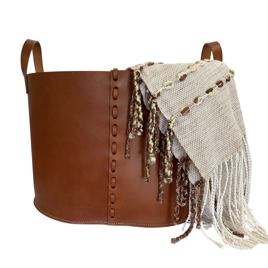 Saddle Brown Leather Wood Basket 100 Main x Bunny Williams