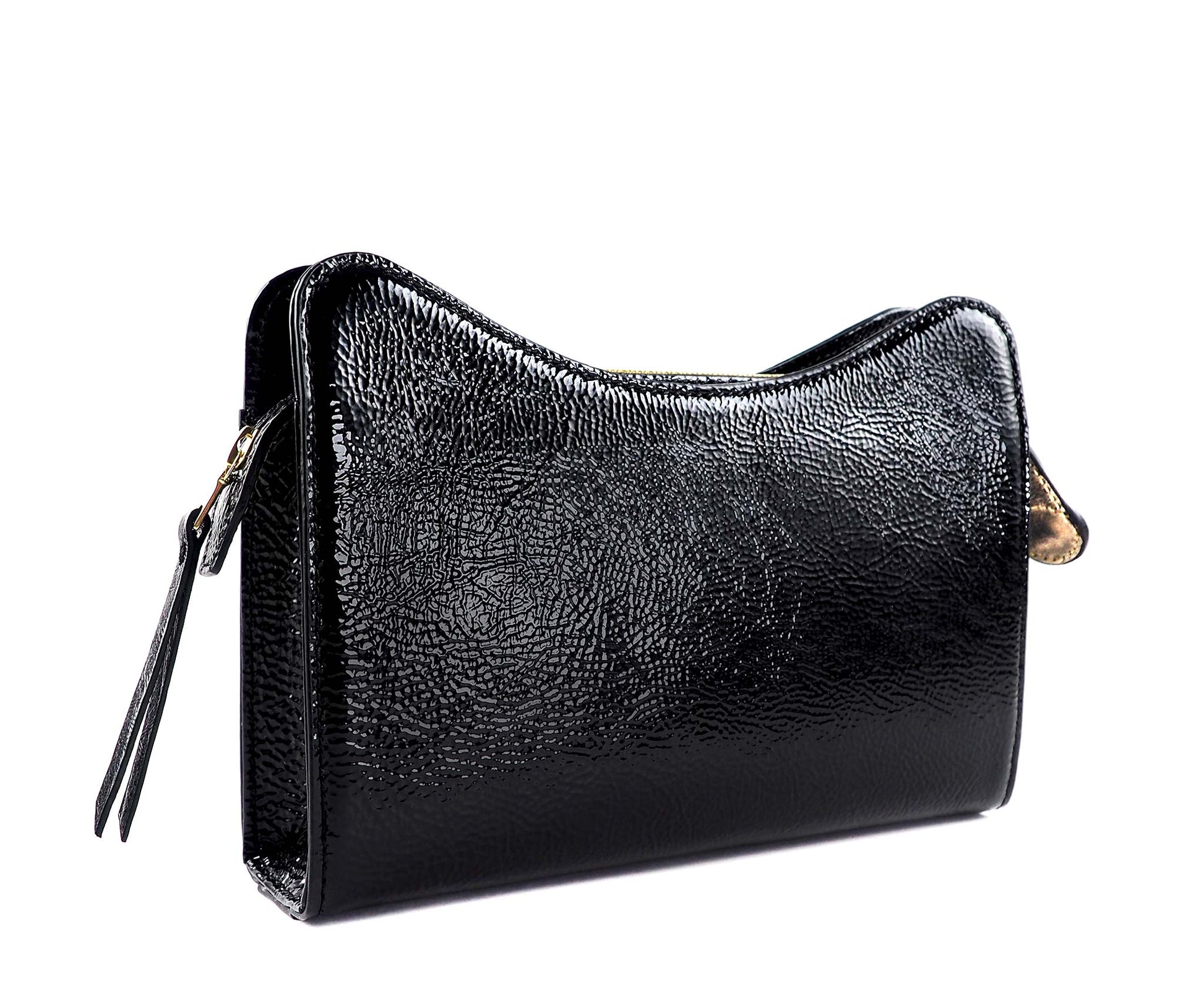Black Jeffy Clutch in Black Crinkle Patent Leather OM NYC