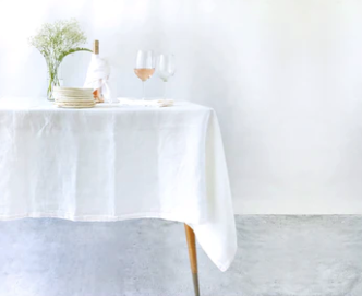 Lavender Linen Tablecloth - White with Pink Stitching Celina Mancurti