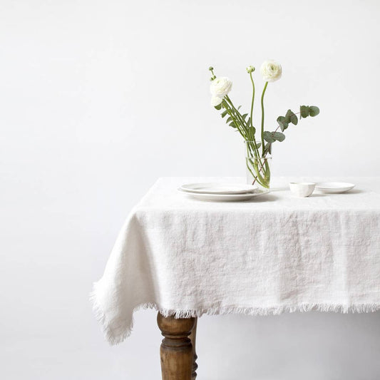 White Linen Tablecloth with Fringes