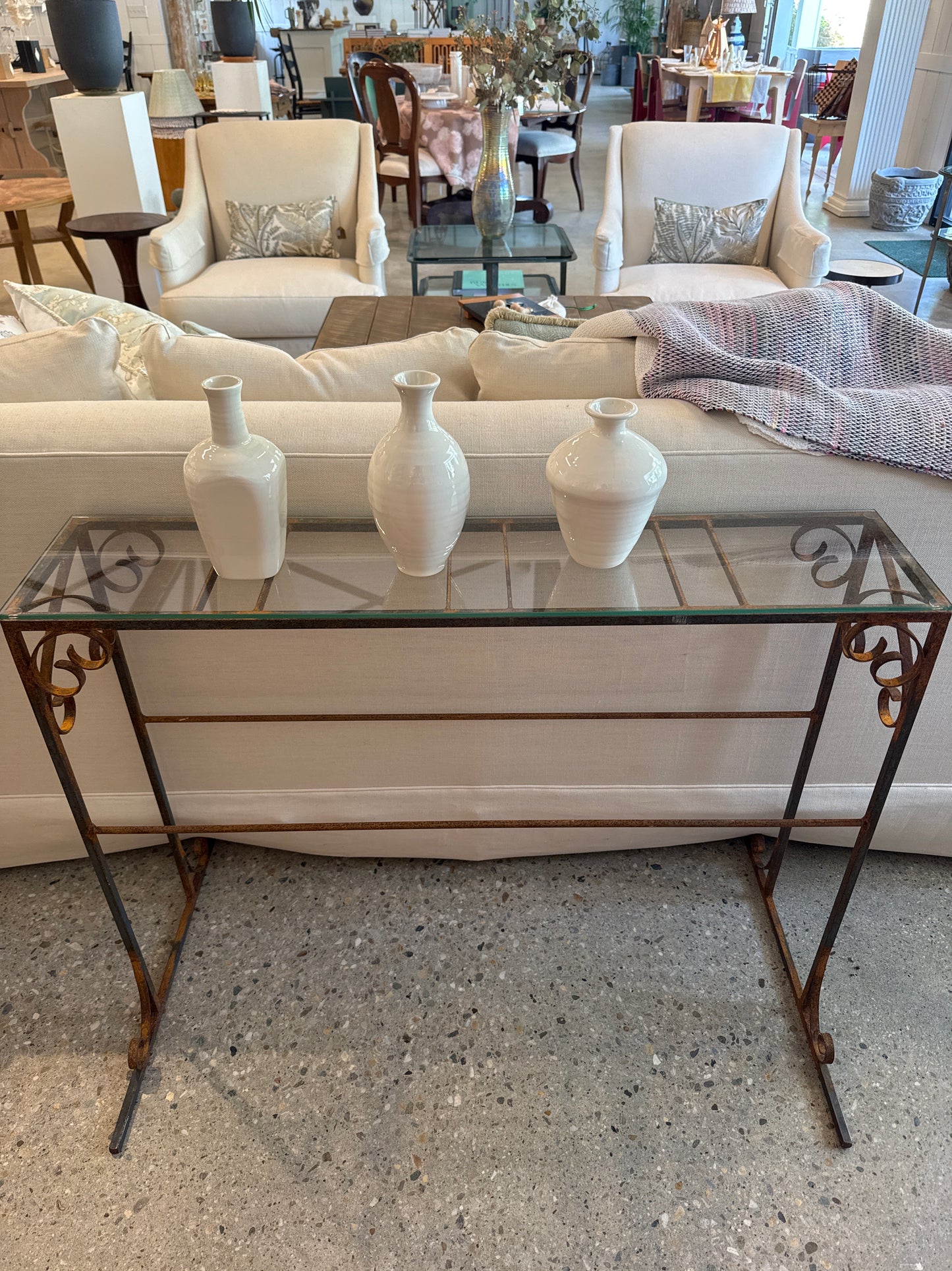 Hand-Forged Iron Flower Stand Glass Top Console