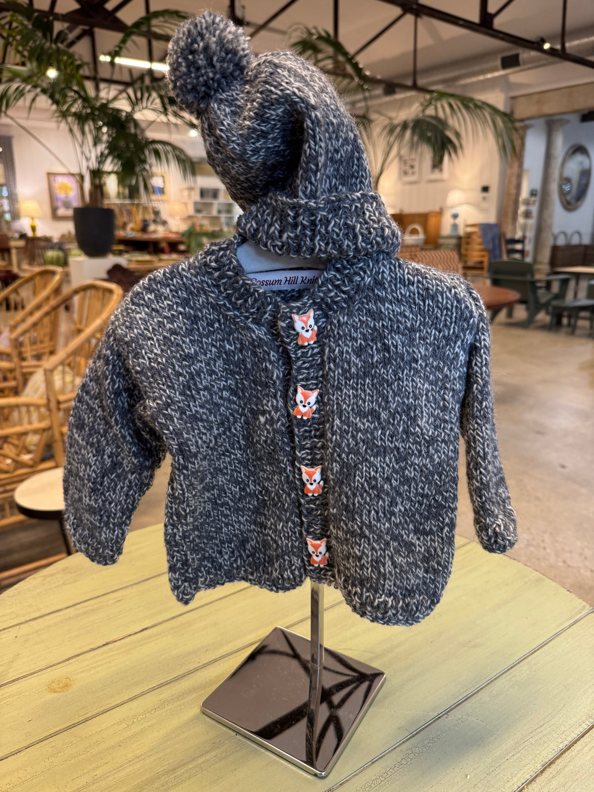 Tan Baby Sweater & Hat Set - Grey Marled with Fox buttons Possum Hill