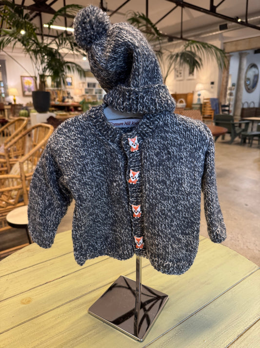 Tan Baby Sweater & Hat Set - Grey Marled with Fox buttons Possum Hill