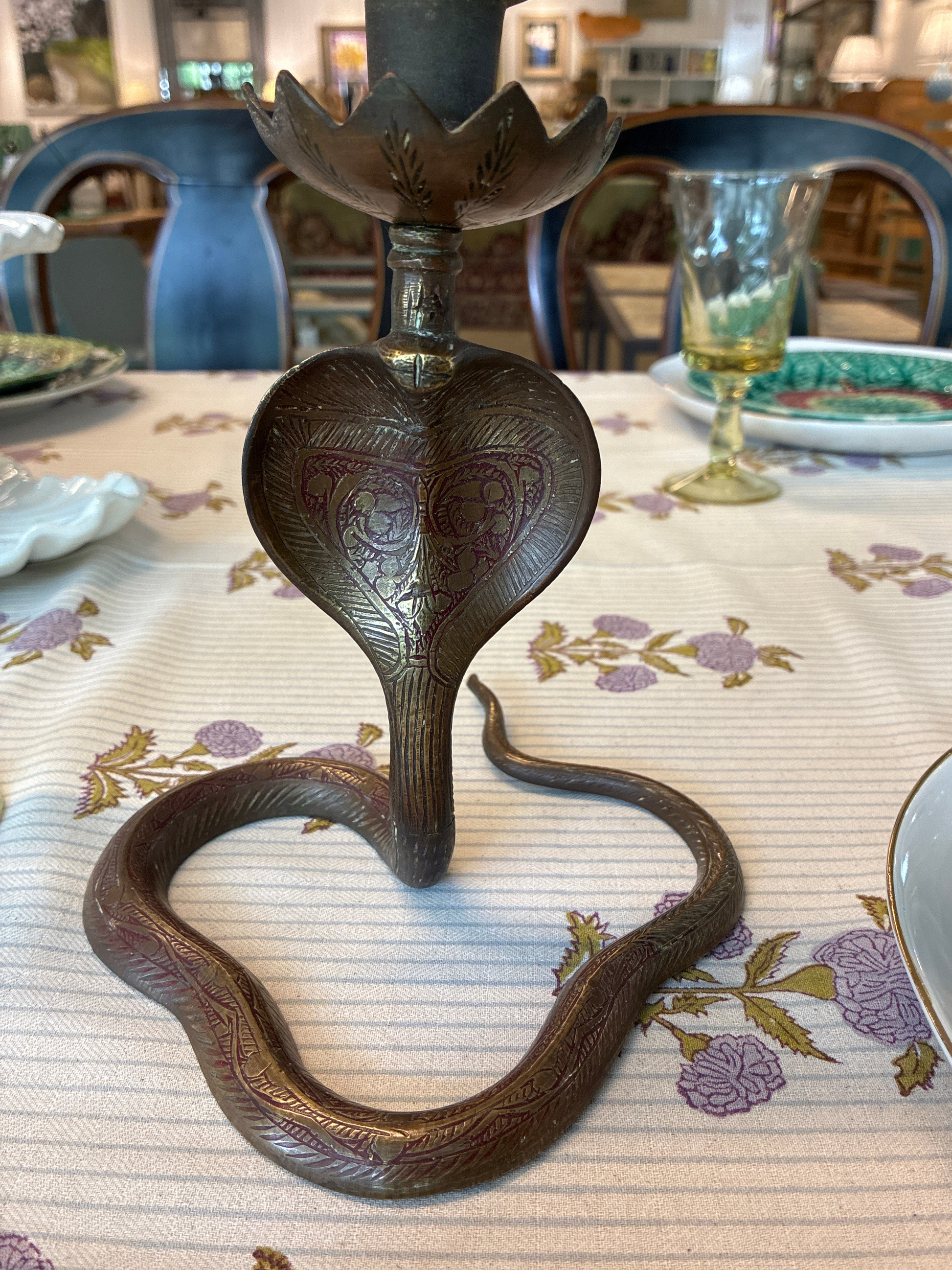 Light Gray Pair of Indian Brass Cobra Formed Candlesticks Pete Hathaway