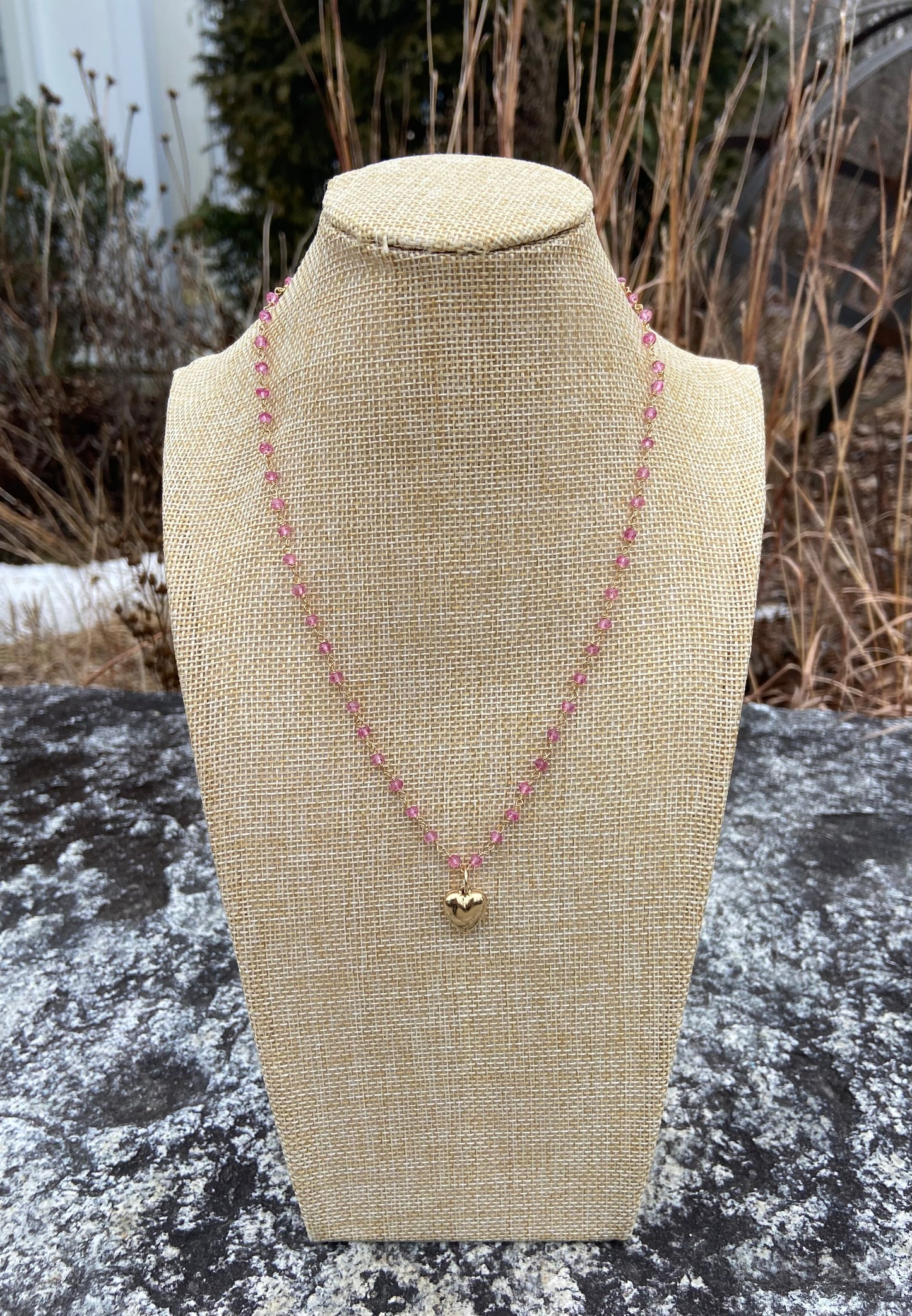 Adelaide Harris pink quartz beaded necklace with large heart charm