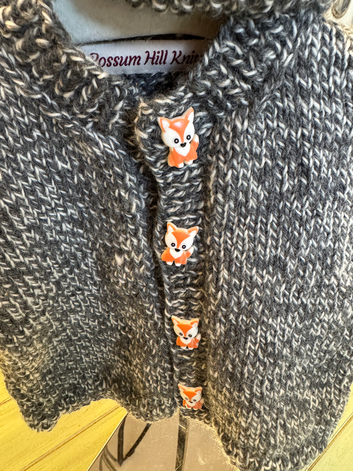 Dim Gray Baby Sweater & Hat Set - Grey Marled with Fox buttons Possum Hill