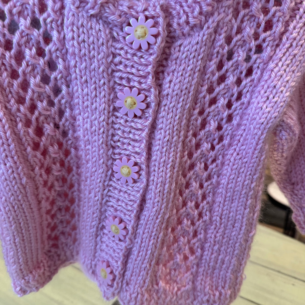 Medium Purple Baby Sweater & Hat Set- Pink with Flower buttons Possum Hill