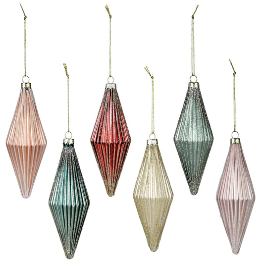 Glass Ribbed Rhombus Ornaments - Set of 6