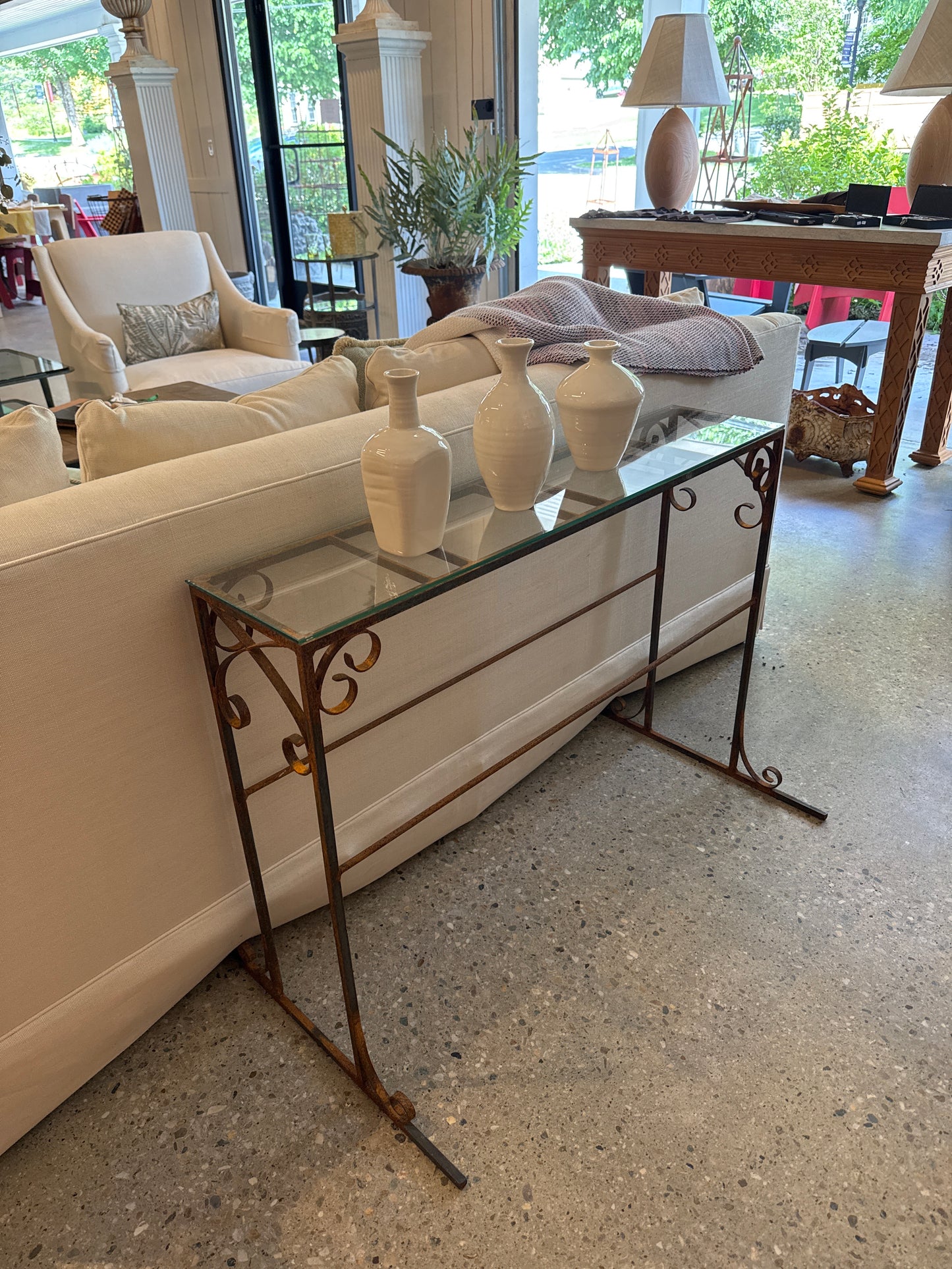 Hand-Forged Iron Flower Stand Glass Top Console