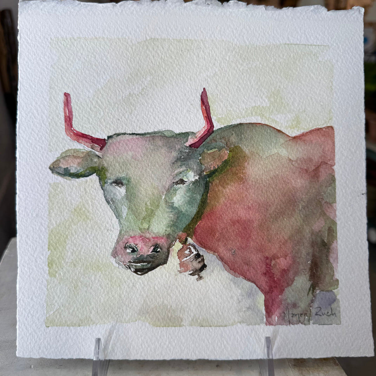 Gray “Bull with Bell” Unframed Watercolor Megan Ruch