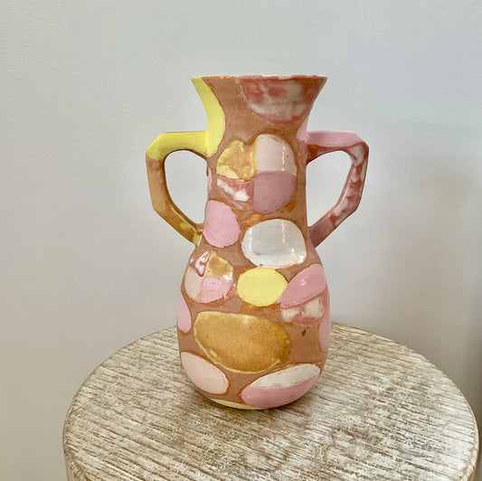 Yellow/Pink/Caramel handle 9.5” vase