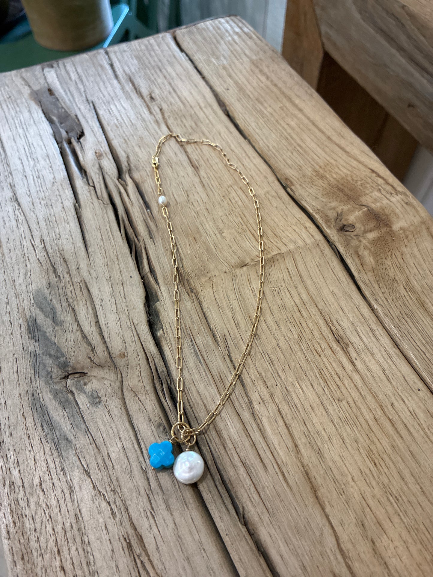 16” Pearl Chain with Turquoise Clover and Pearl