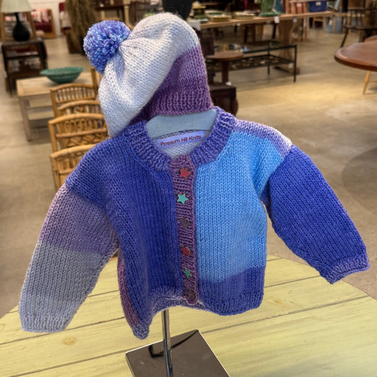 Tan Baby Sweater & Hat Set- Purple and Blue with Star buttons Possum Hill
