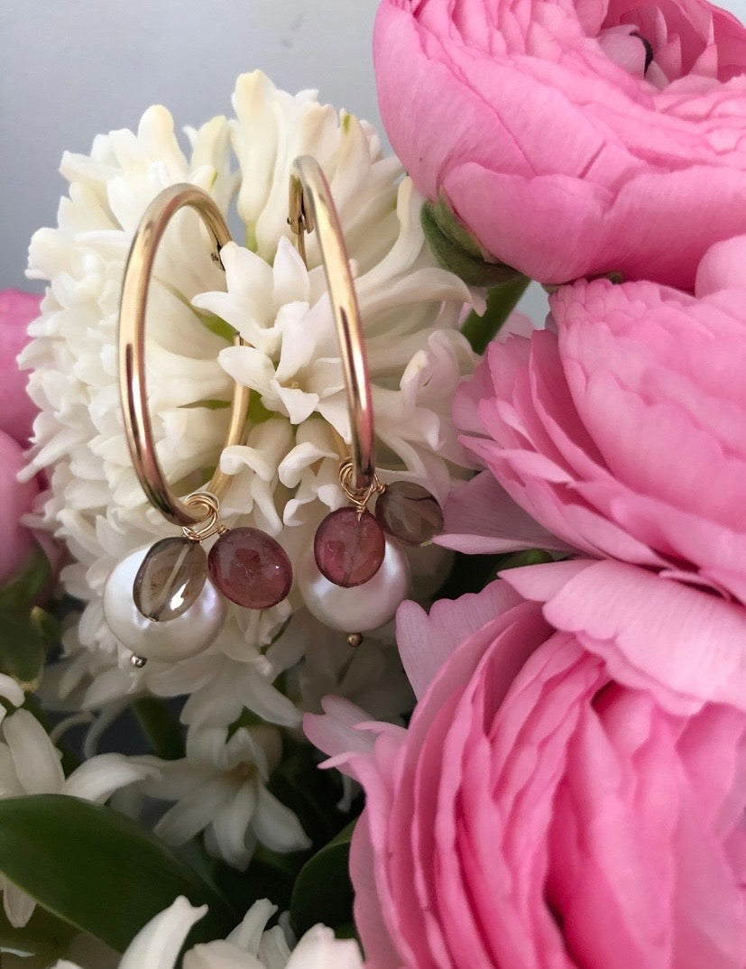 Adelaide Harris #34 14k gold filled hoops with pearl, pink tourmaline and smokey topaz cluster.