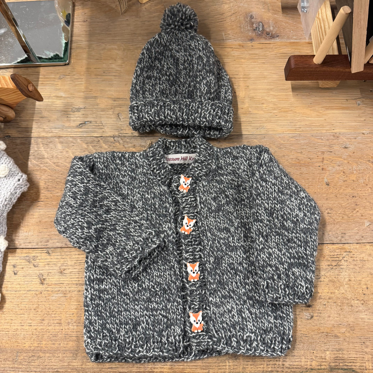 Dim Gray Baby Sweater & Hat Set - Grey Marled with Fox buttons Possum Hill