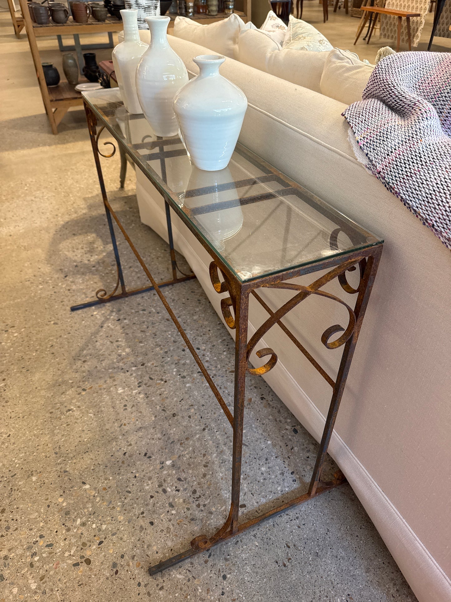 Hand-Forged Iron Flower Stand Glass Top Console