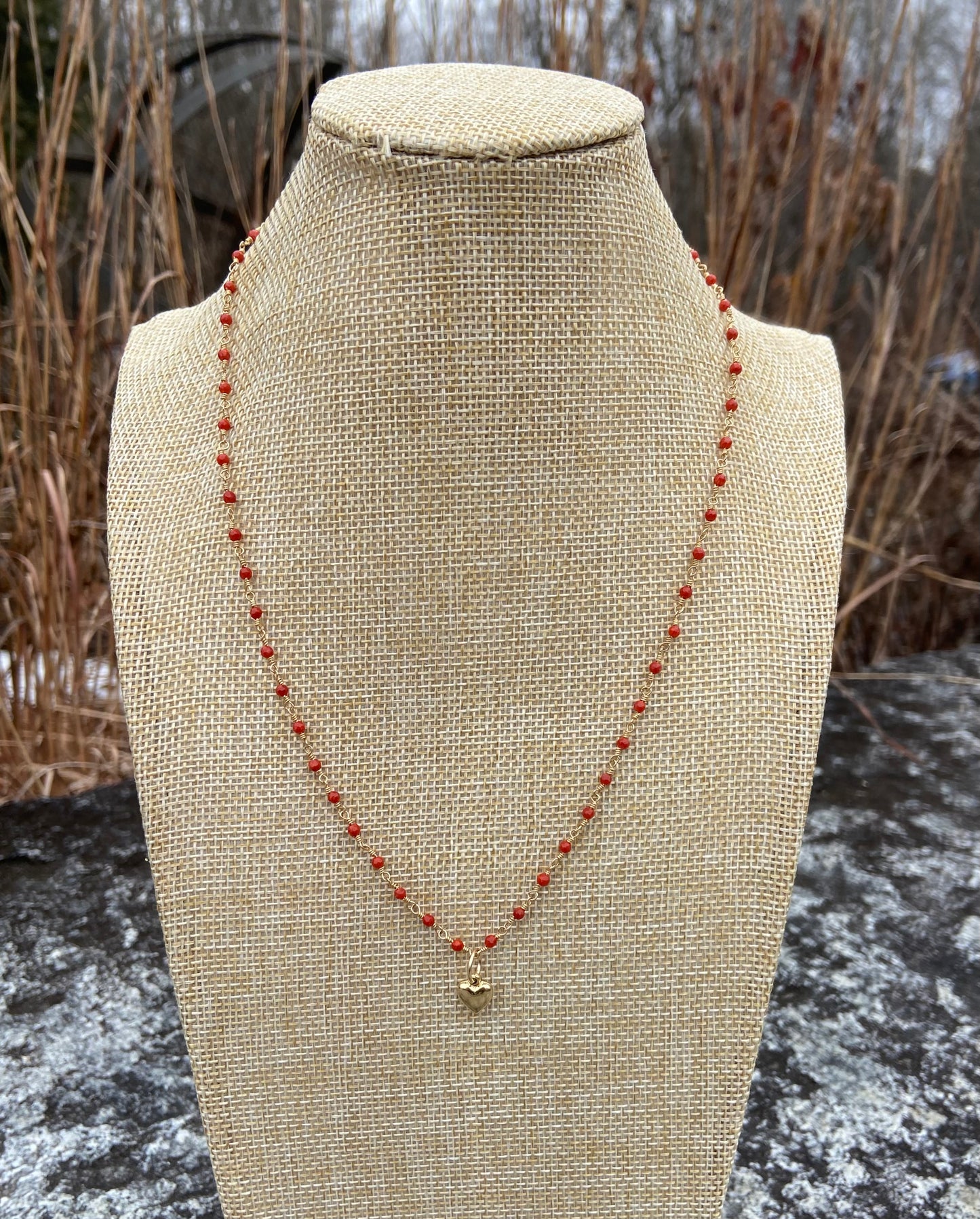 Adelaide Harris red coral beaded necklace with small heart charm