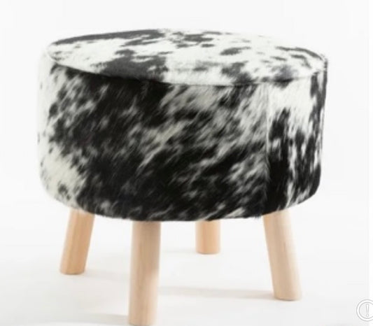 Round Ottoman - Black & White South African Hide
