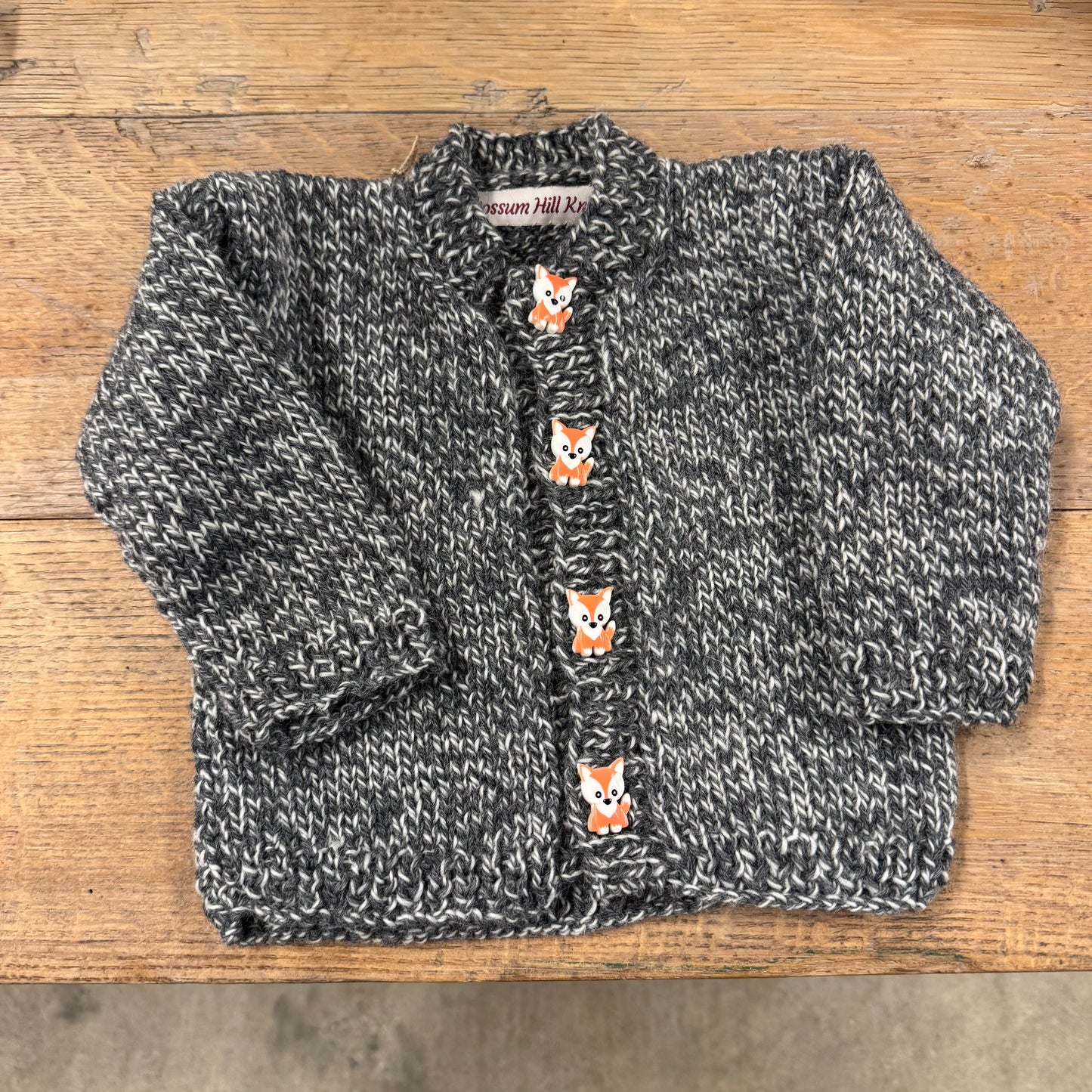 Dim Gray Baby Sweater & Hat Set - Grey Marled with Fox buttons Possum Hill