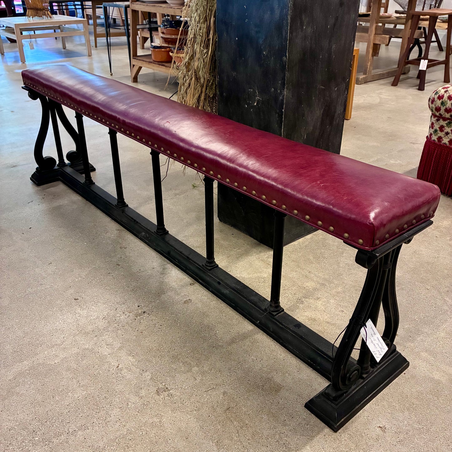 Gray Red Leather-Topped Iron Fireplace Bench Pete Hathaway