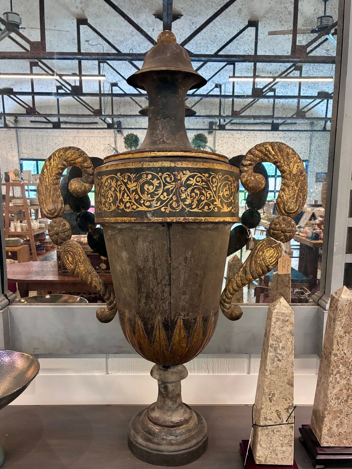 Dark Olive Green Antique Urn John Rosselli
