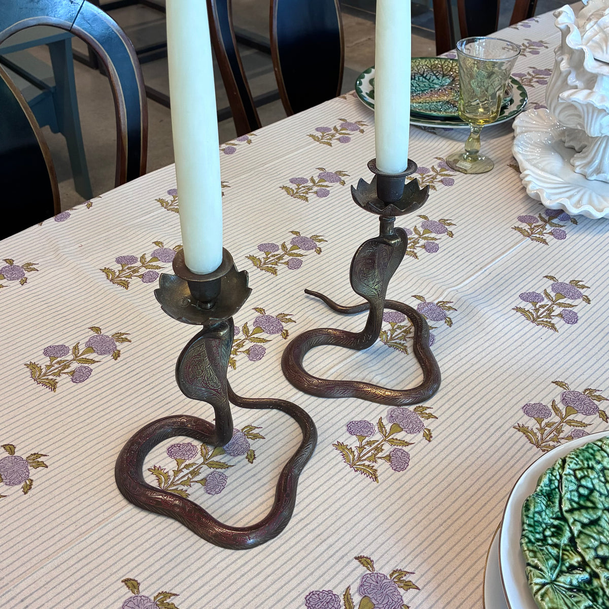 Gray Pair of Indian Brass Cobra Formed Candlesticks Pete Hathaway