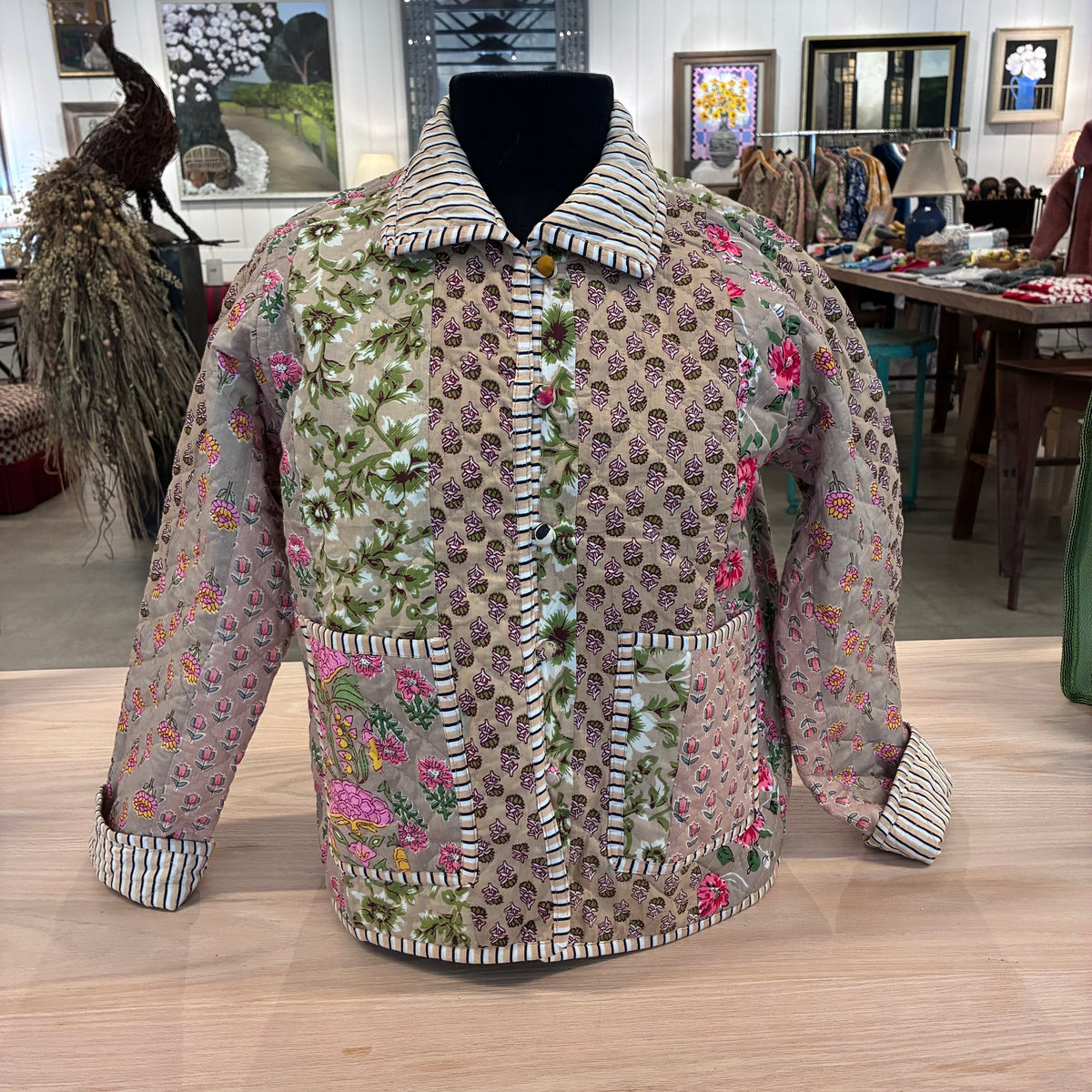 Tan Handmade Block Print Quilted Reversible Jacket - Multi Floral Stripes 100 Main