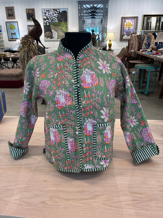 Tan Handmade Block Print Quilted Jacket - Green 100 Main