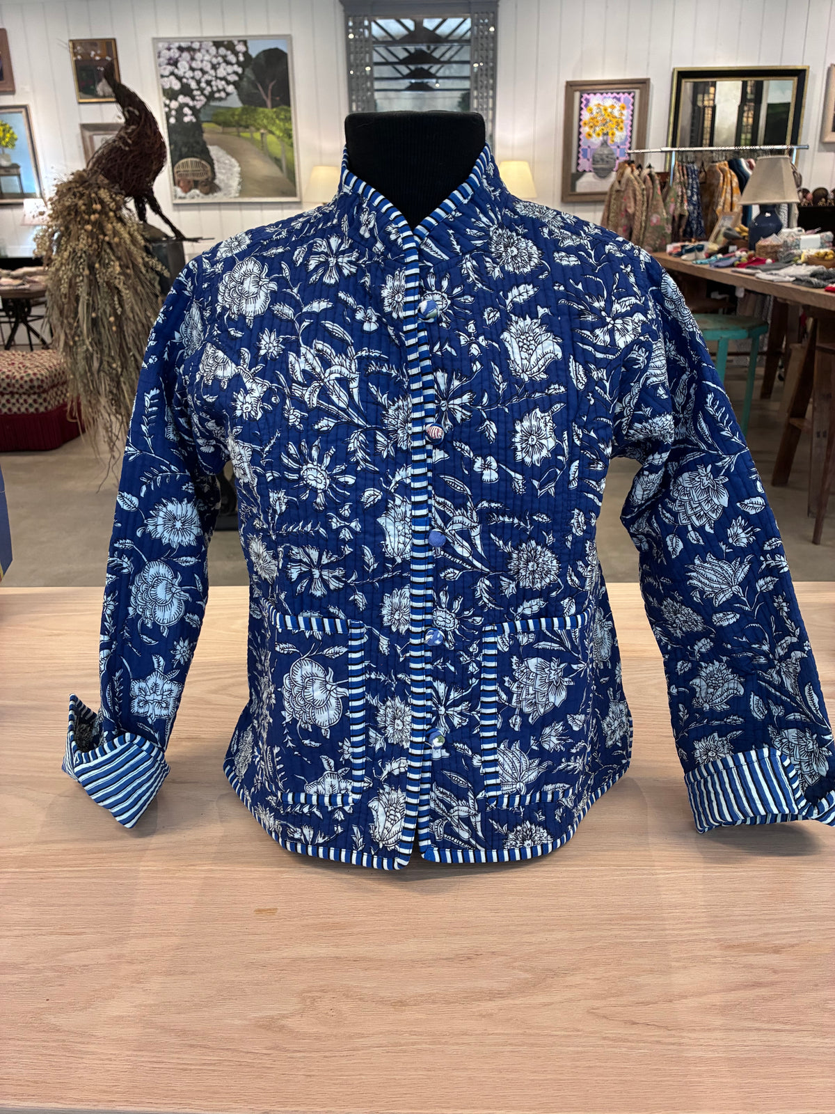 Tan Handmade Block Print Quilted Reversible Jacket - Blue+ Stripes 100 Main