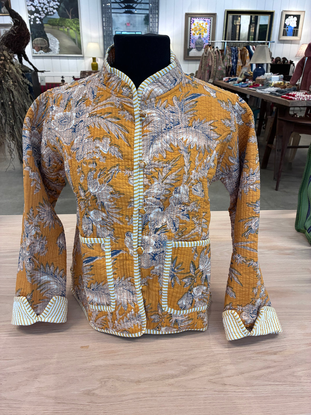 Gray Handmade Block Print Quilted Jacket - Gold 100 Main