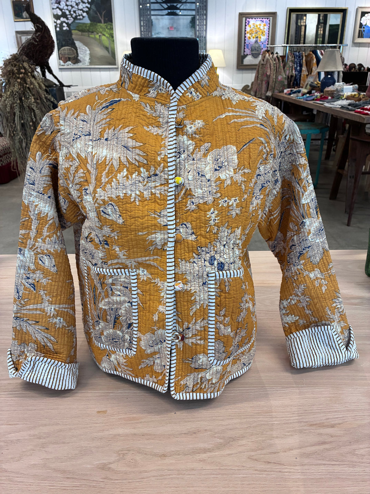 Dark Gray Handmade Block Print Quilted Jacket - Gold 100 Main